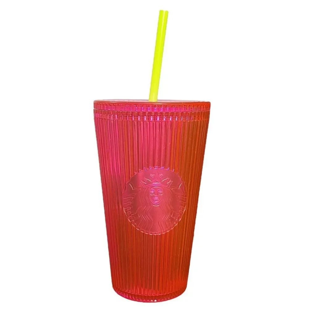 NWT Starbucks Dragonfruit Neon Pink Cold Cup Tumbler Grande Pleated Ribbed 16 oz